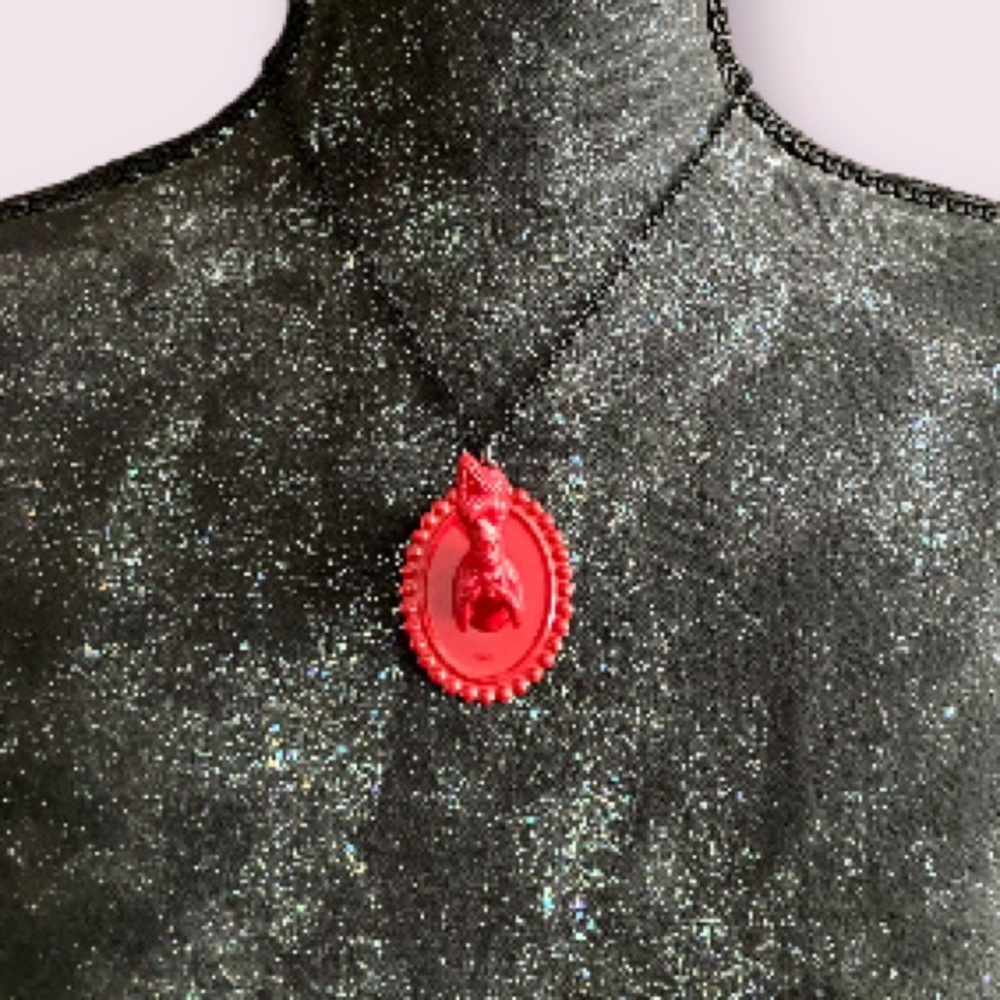 Red T Rex Cameo Necklace on a Black Chain